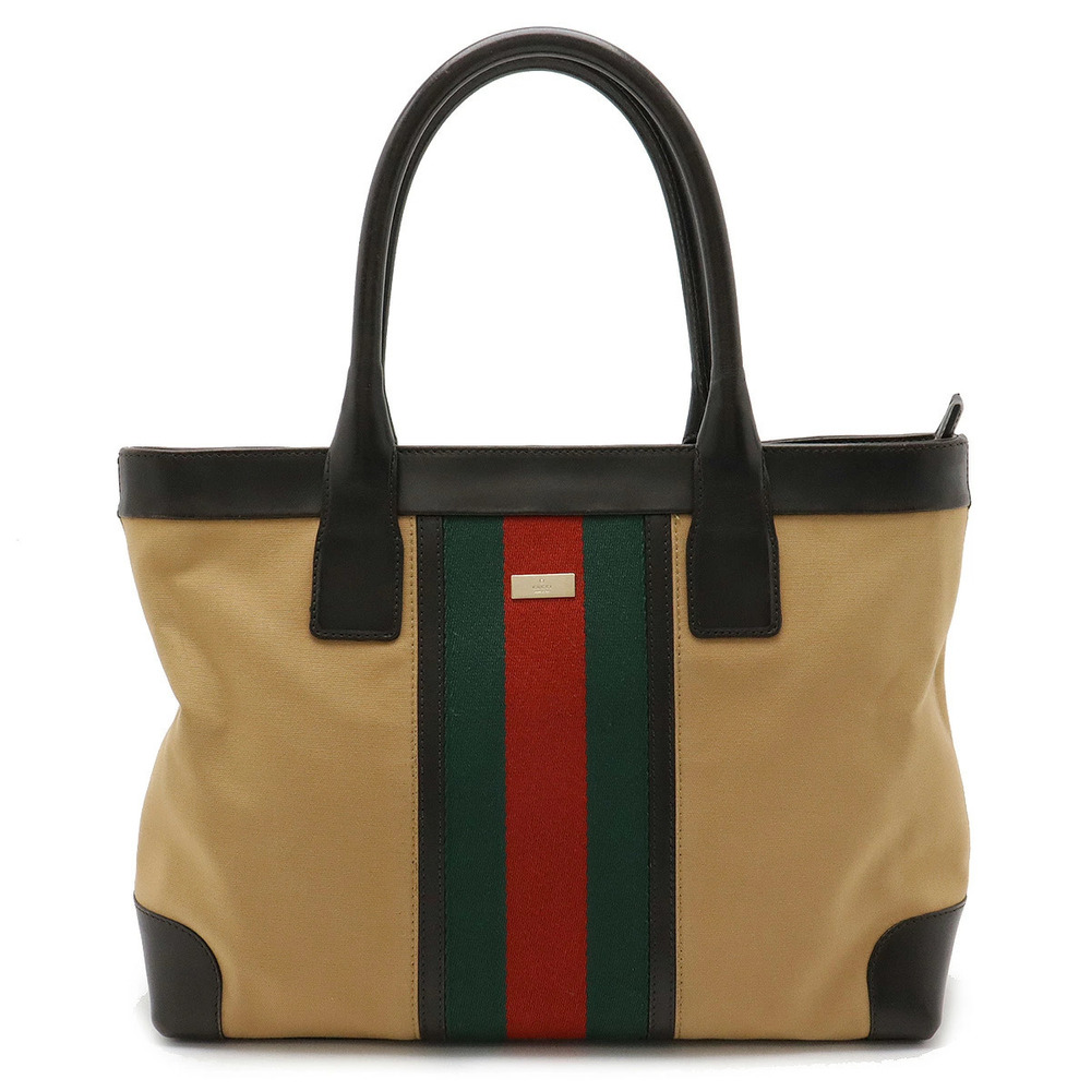 Gucci Sherry Tote Bag Shoulder Canvas Leather Beige Cream Dark Brown